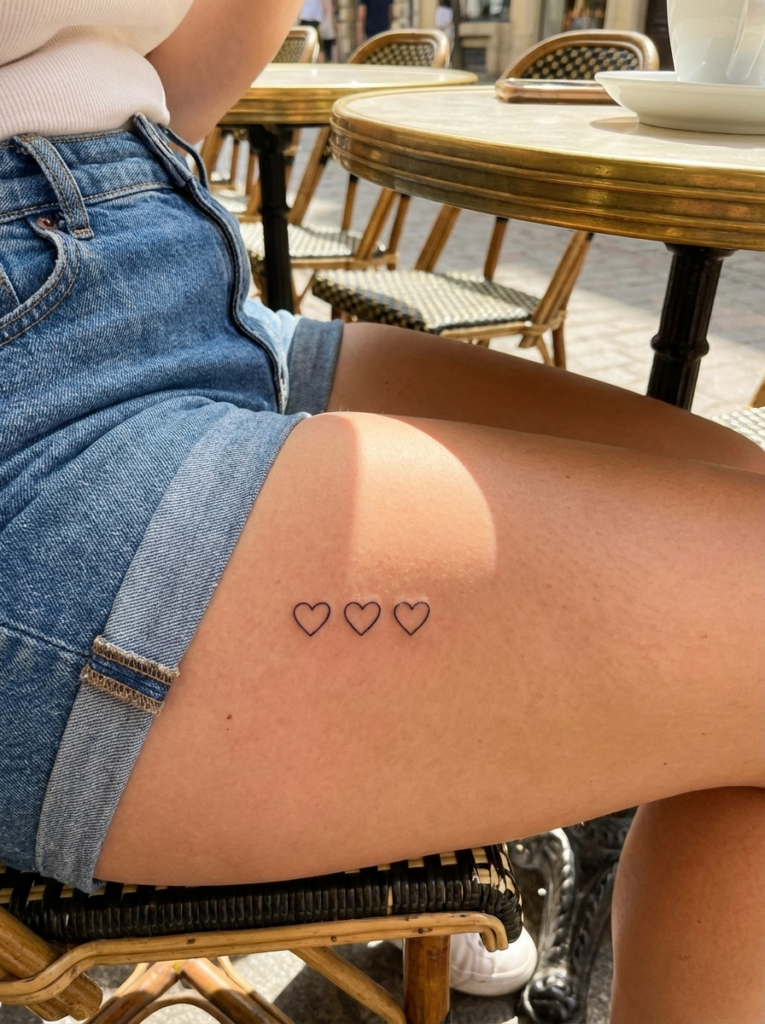 image Person with three heart tattoos on their thigh, wearing denim shorts at an outdoor café. | Sky Rye Design Person with three heart tattoos on their thigh, wearing denim shorts at an outdoor café.