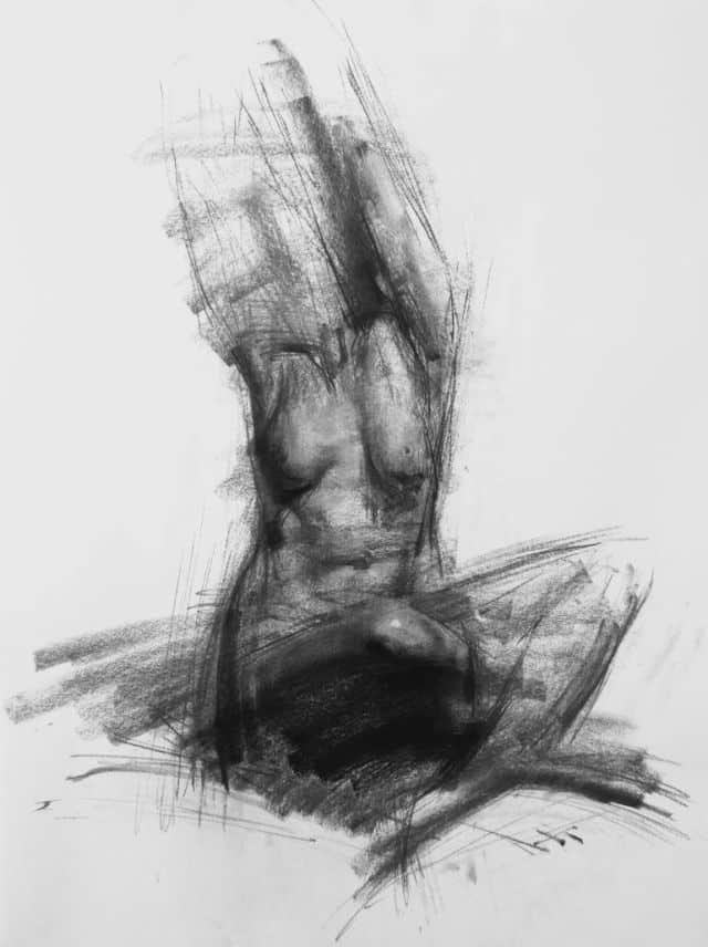 Charcoal sketch of a seated human torso, capturing dynamic lines and abstract shading, emphasizing form and muscle definition.