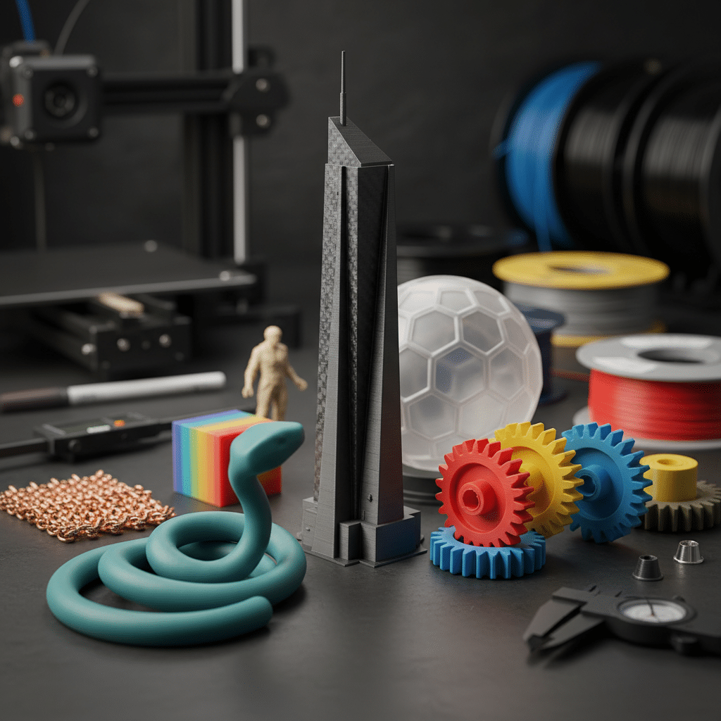 3D printed objects, including gears and a skyscraper model, on a workbench with filament spools, demonstrating diverse printing capabilities.