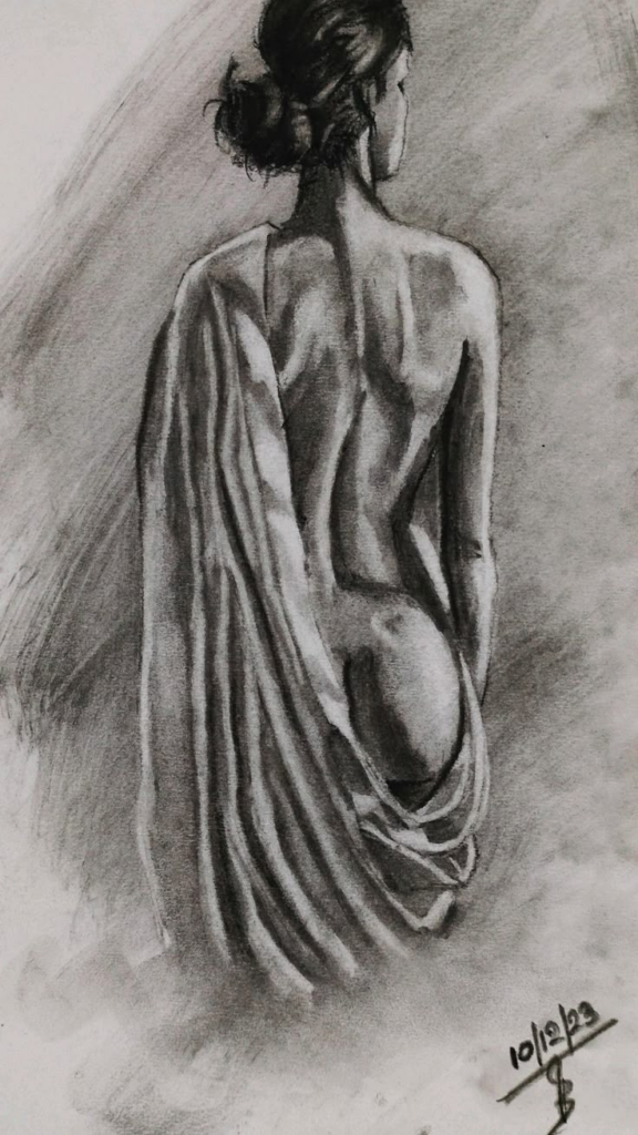 Charcoal drawing of a woman with fabric draped on her back, in a contemplative pose, dated 10/12/2023.