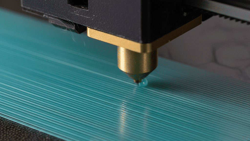 Close-up of a 3D printer nozzle depositing teal filament, creating a smooth layer on the print bed for a precise build.