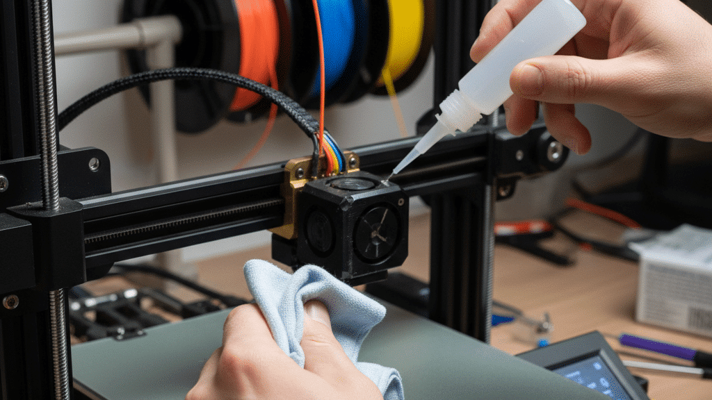 Hands maintaining a 3D printer, using a cloth and liquid for cleaning, with colorful filament spools in the background.