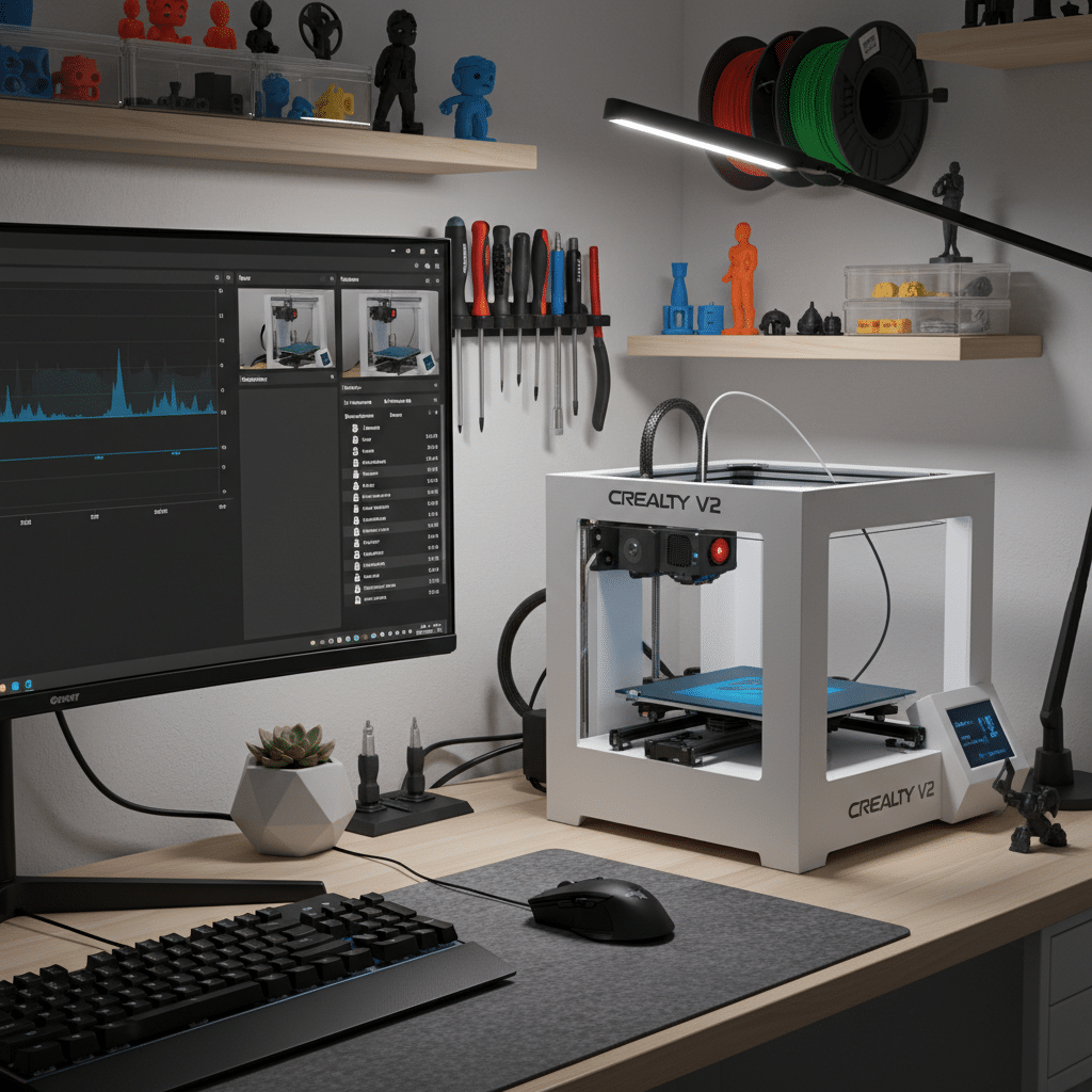 3D printing setup with Creality V2 printer, computer, tools, and 3D-printed models in a modern workspace.