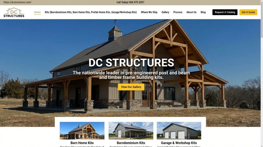 image DC Structures homepage showcasing a timber frame building with options for barndominium, barn home, and garage workshop kits. | Sky Rye Design DC Structures homepage showcasing a timber frame building with options for barndominium, barn home, and garage workshop kits.
