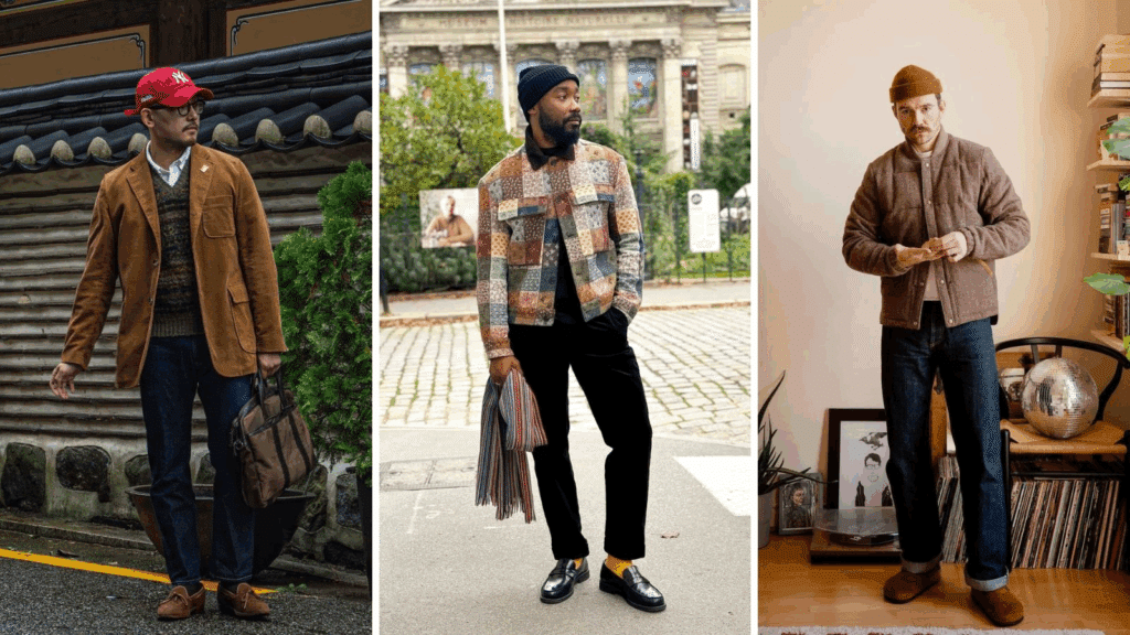 Three men showcase diverse fall fashion: casual jacket with red cap, patchwork coat with a scarf, and cozy brown cardigan indoors.