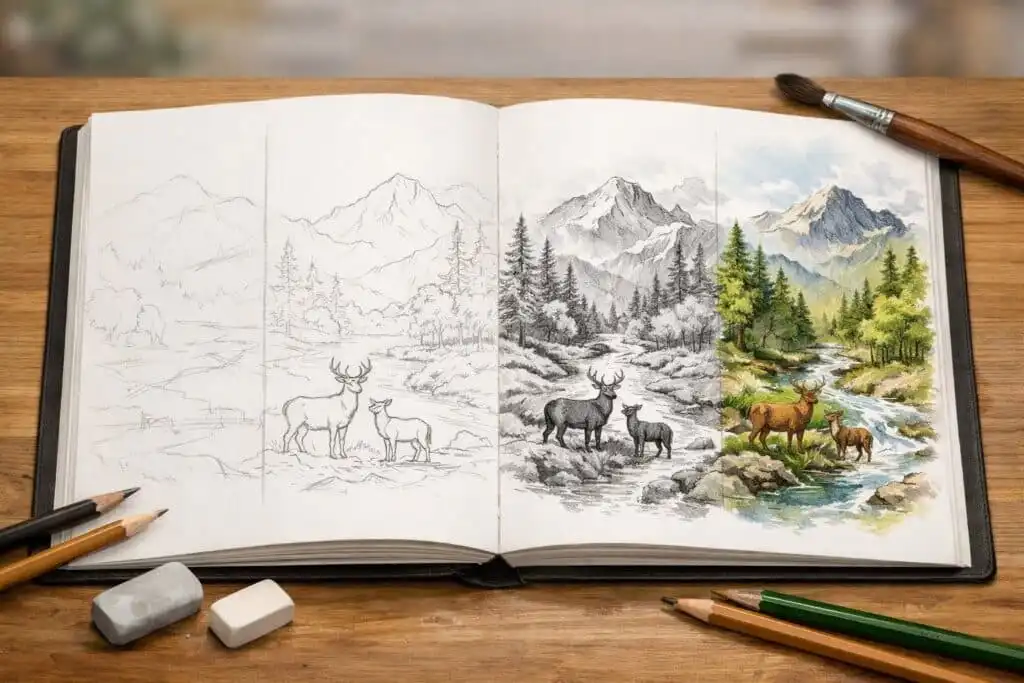 Artistic sketchbook showing nature scenes evolving from outline to grayscale to full-color with deer, mountains, and river.