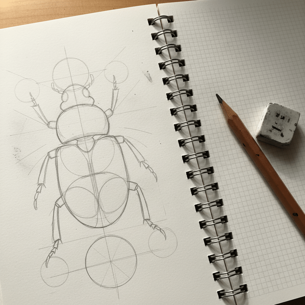 Insect sketch in notebook with pencil and eraser, showcasing artistic process of drawing a beetle on graph paper.