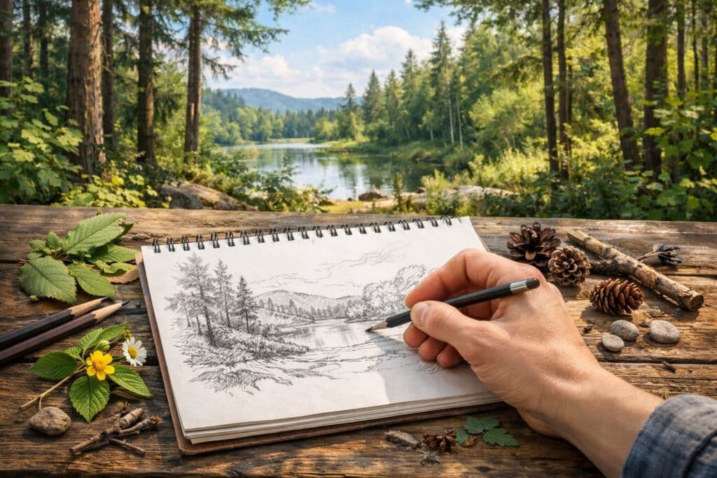 Drawing a serene forest scene by a lake in a sketchbook placed on a wooden table with leaves, flowers, and pinecones.