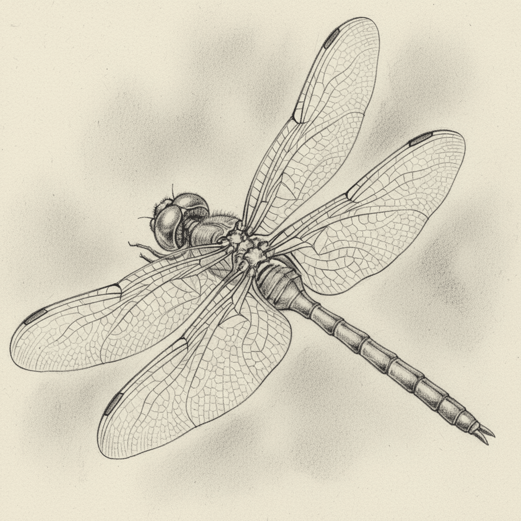Detailed pencil sketch of a dragonfly showcasing its intricate wings and body structure on a light background.
