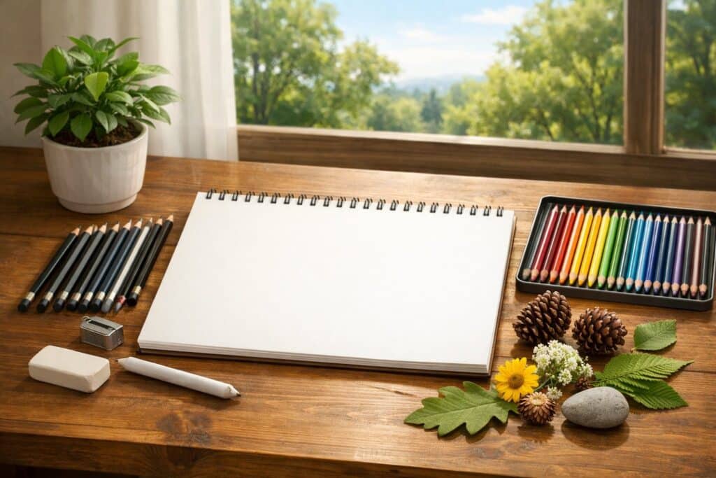 image Sketchbook on a wooden desk with colored pencils, leaves, and flowers, next to a potted plant by a window. Perfect for creative inspiration. | Sky Rye Design Sketchbook on a wooden desk with colored pencils, leaves, and flowers, next to a potted plant by a window. Perfect for creative inspiration.