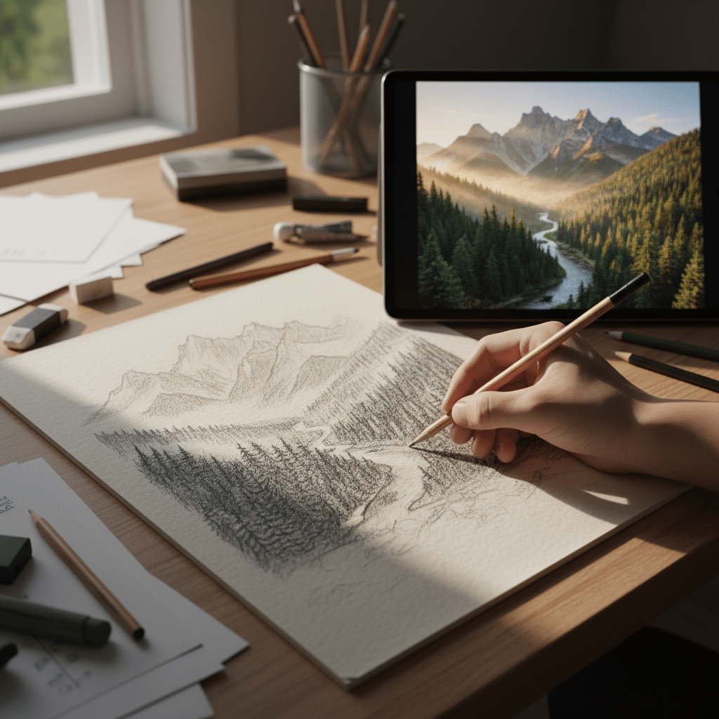 Artist drawing a mountain landscape on paper, inspired by a photo on tablet; pencils and erasers scattered on wooden desk. daily drawing ideas