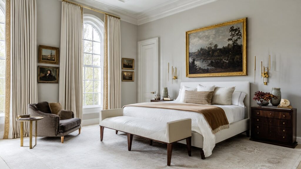 image Elegant bedroom with large windows, classic decor, luxurious bedding, art on walls, and a cozy armchair. Perfect blend of style and comfort. | Sky Rye Design Elegant bedroom with large windows, classic decor, luxurious bedding, art on walls, and a cozy armchair. Perfect blend of style and comfort.