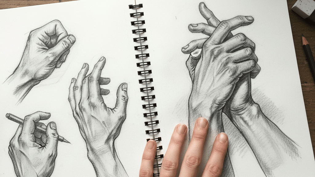 Sketchbook with detailed hand drawings, a person’s hand rests on the page, displaying a ring, surrounded by pencils on a wooden table.