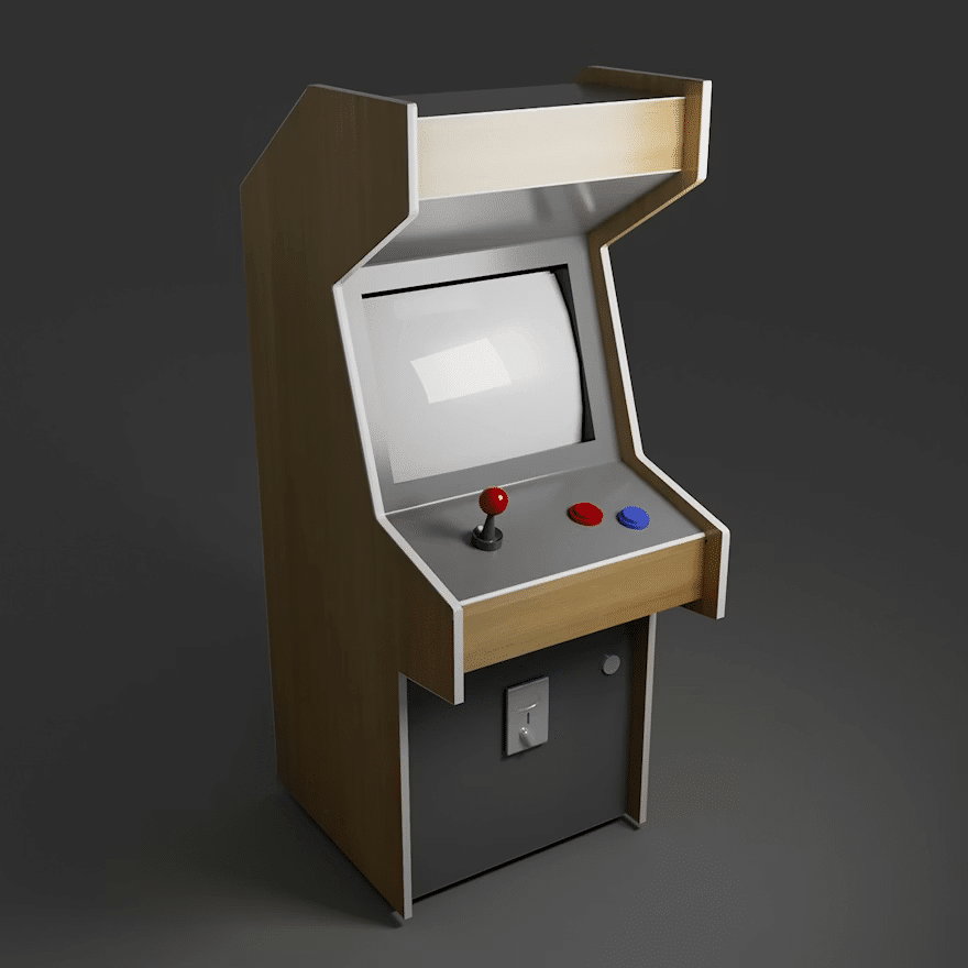 Retro arcade game machine with joystick and buttons, featuring a classic wooden cabinet design, perfect for vintage gaming enthusiasts.