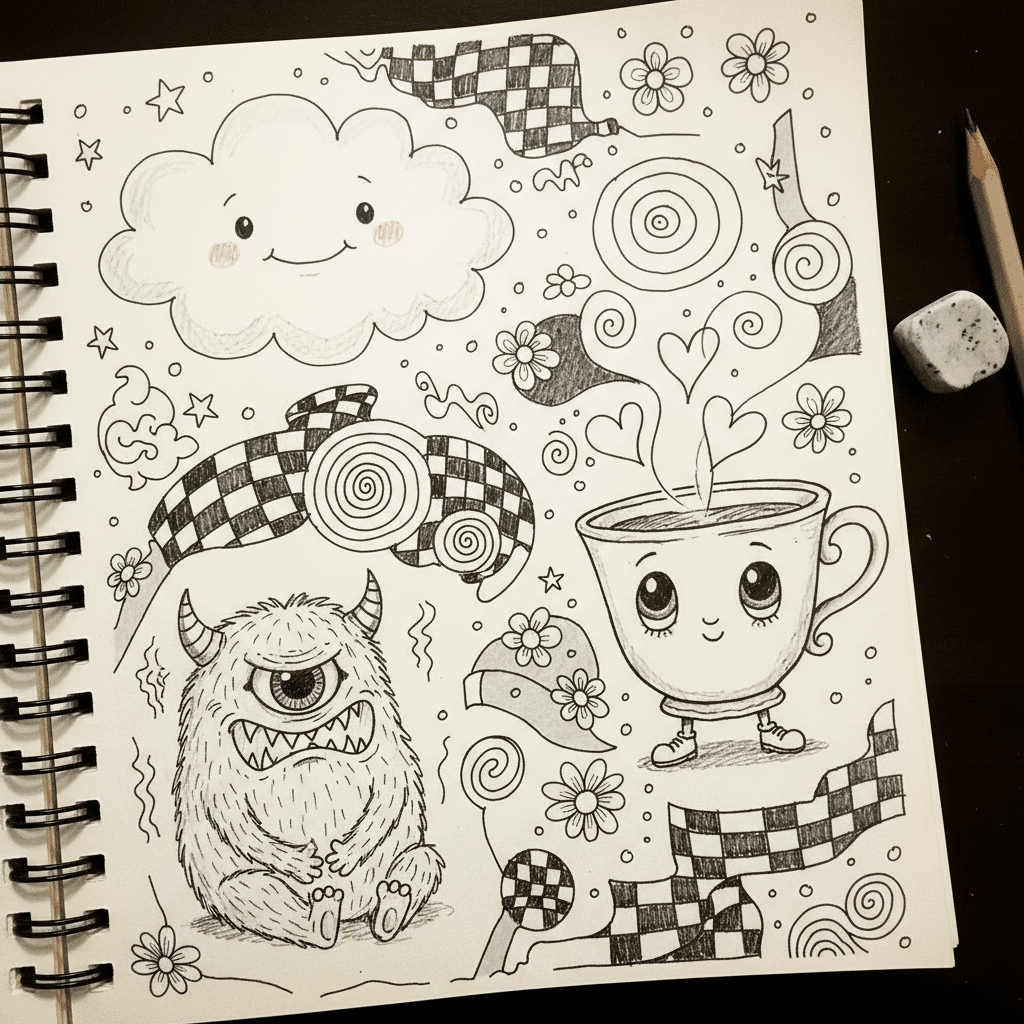 Whimsical doodle art with smiling cloud, cute monster, and a cheerful coffee cup, all amidst swirling patterns and playful designs.