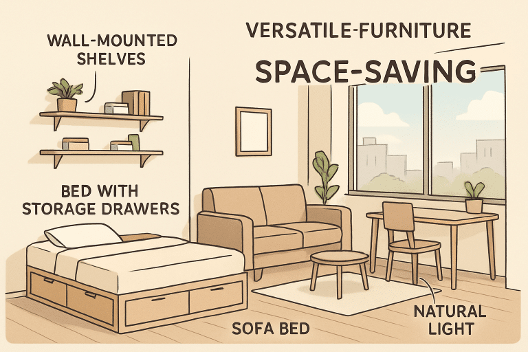 image Illustration of a space-saving room with wall-mounted shelves, bed with storage drawers, sofa bed, desk, and natural light. | Sky Rye Design Illustration of a space-saving room with wall-mounted shelves, bed with storage drawers, sofa bed, desk, and natural light.