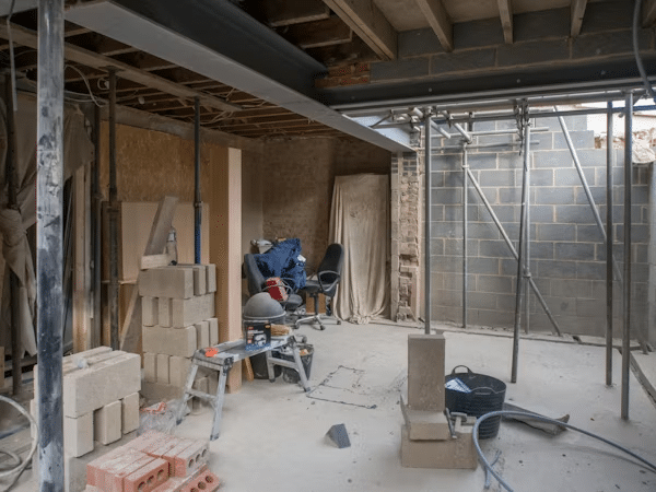 image Interior of a home under construction, showing bricks, scaffolding, and tools in a partially built room with exposed beams and walls. | Sky Rye Design Interior of a home under construction, showing bricks, scaffolding, and tools in a partially built room with exposed beams and walls.