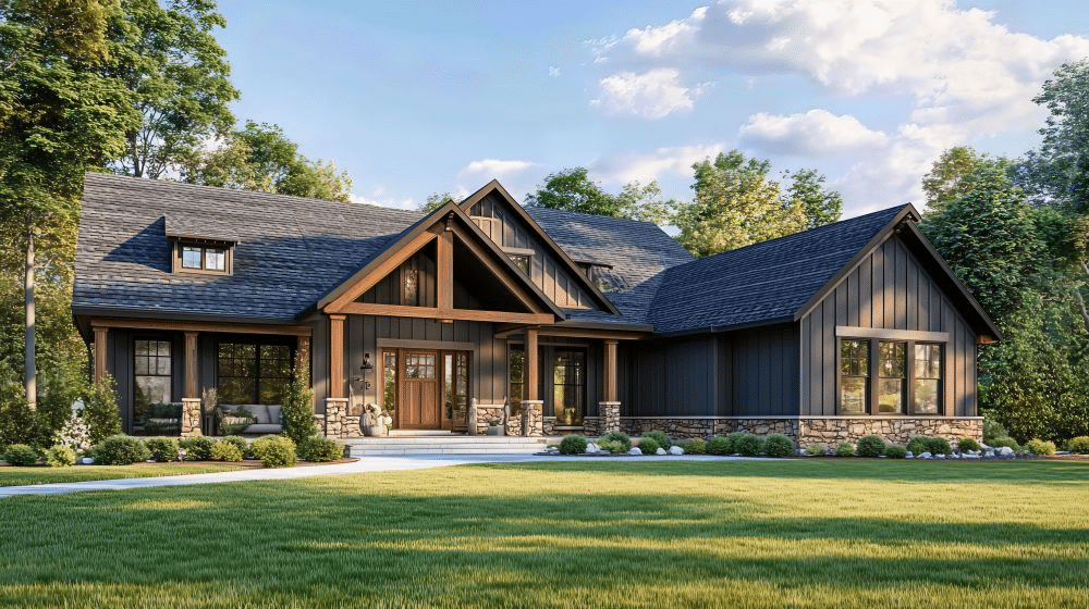 image Modern rustic house surrounded by greenery, featuring wood accents, large windows, and a stone facade under a clear sky. | Sky Rye Design Modern rustic house surrounded by greenery, featuring wood accents, large windows, and a stone facade under a clear sky.