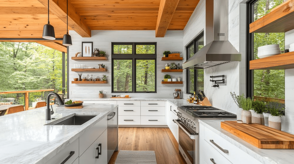 image Modern kitchen with white cabinetry, wooden shelves, stainless steel appliances, and large windows overlooking a lush forest view. | Sky Rye Design Modern kitchen with white cabinetry, wooden shelves, stainless steel appliances, and large windows overlooking a lush forest view.