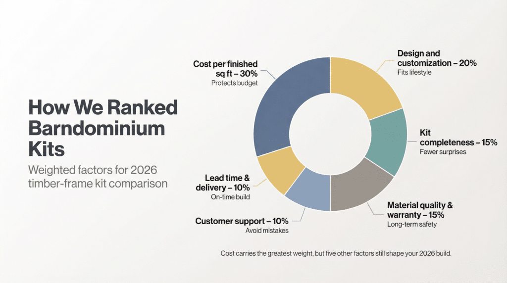 image Barndominium kit ranking: cost 30%, design 20%, quality 15%, kit completeness 15%, support 10%, delivery 10% for 2026 timber-frame kits. | Sky Rye Design Barndominium kit ranking: cost 30%, design 20%, quality 15%, kit completeness 15%, support 10%, delivery 10% for 2026 timber-frame kits.