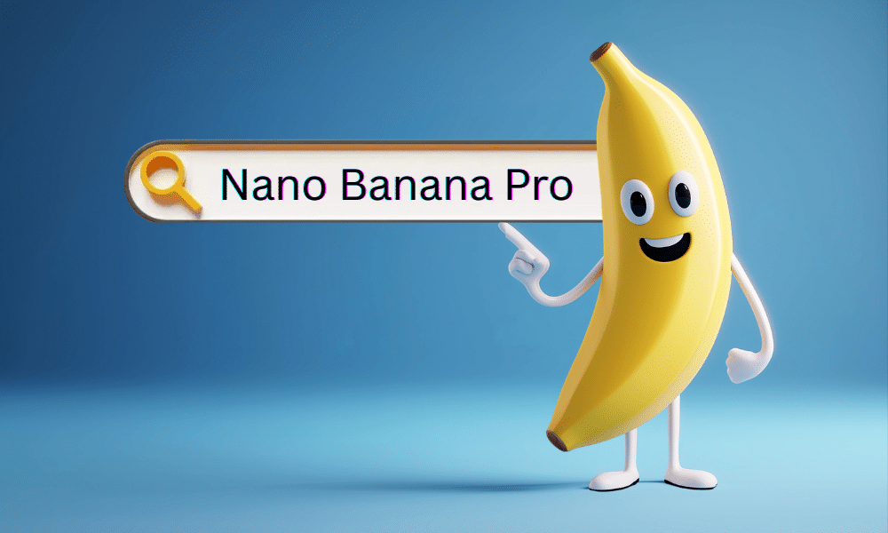 image Smiling cartoon banana with arms and legs points at Nano Banana Pro in search bar on blue background. Fun fruit character concept. | Sky Rye Design Smiling cartoon banana with arms and legs points at Nano Banana Pro in search bar on blue background. Fun fruit character concept.