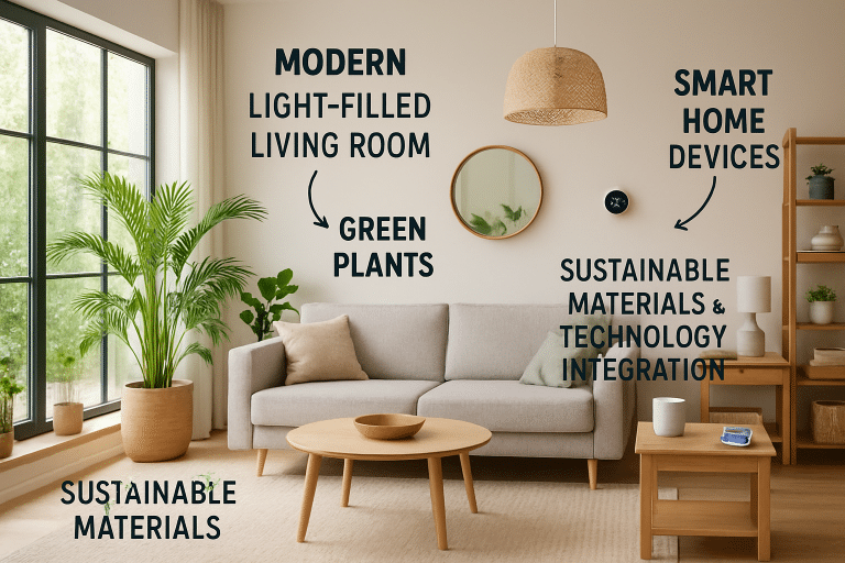 image Modern light-filled living room with sustainable materials, green plants, smart home devices, and minimalist furniture. | Sky Rye Design Modern light-filled living room with sustainable materials, green plants, smart home devices, and minimalist furniture.