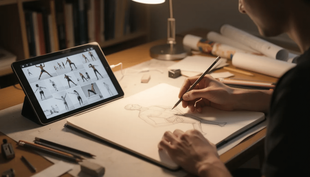 image Artist sketching a human figure at a desk with reference images on a tablet, under a lamp's warm light. | Sky Rye Design Artist sketching a human figure at a desk with reference images on a tablet, under a lamp's warm light.