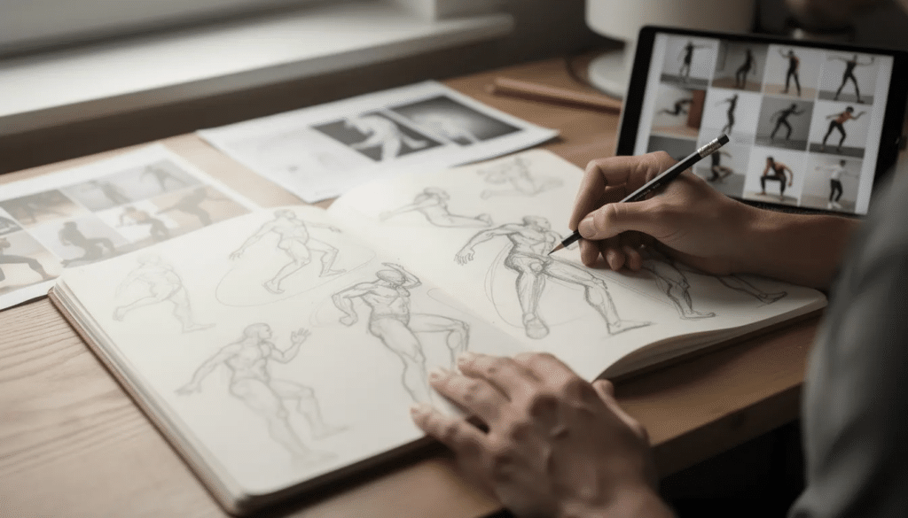 image Person sketching human figures in a notebook on a desk, with reference images on a tablet. Artistic study and practice setup. | Sky Rye Design Person sketching human figures in a notebook on a desk, with reference images on a tablet. Artistic study and practice setup.