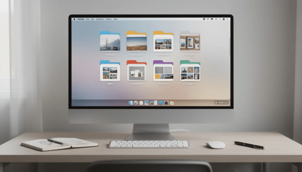 image Modern desktop with a large monitor displaying organized digital folders. Clean workspace with notepad, keyboard, and mouse. | Sky Rye Design Modern desktop with a large monitor displaying organized digital folders. Clean workspace with notepad, keyboard, and mouse.