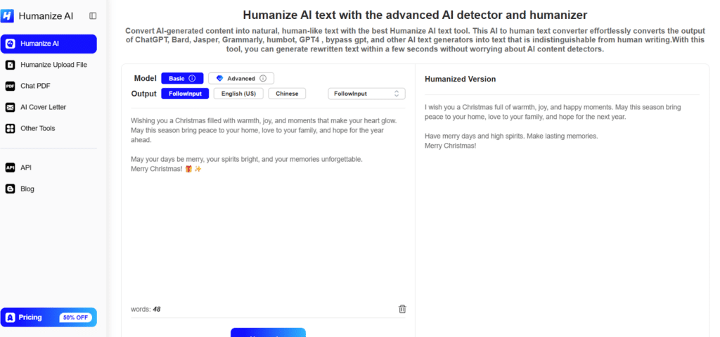 Humanize AI text to make it more natural with advanced AI detection and rewriting tools. Christmas text conversion example displayed.