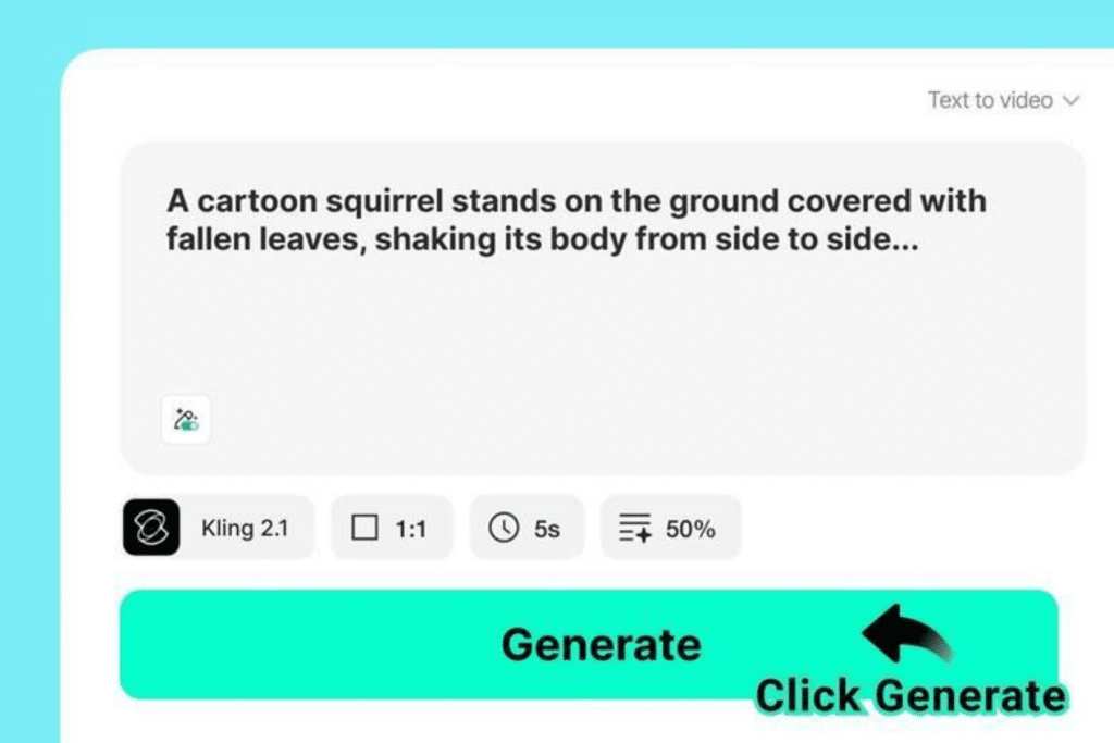 image Screenshot of a text-to-video interface with a prompt about a cartoon squirrel among fallen leaves, and a Generate button highlighted. | Sky Rye Design Screenshot of a text-to-video interface with a prompt about a cartoon squirrel among fallen leaves, and a Generate button highlighted.