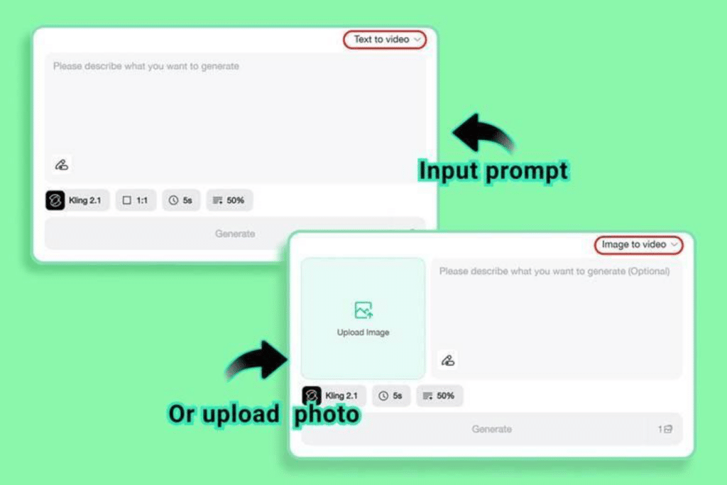 image Interface screenshot for generating videos from text or images. Input section for prompts or photo uploads is highlighted. | Sky Rye Design Interface screenshot for generating videos from text or images. Input section for prompts or photo uploads is highlighted.