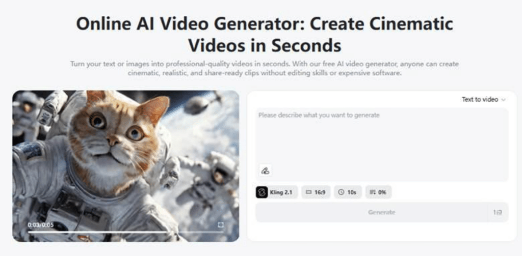 image Online AI video generator interface with a cat in a space suit, showcasing the tool's ability to create cinematic videos quickly. | Sky Rye Design Online AI video generator interface with a cat in a space suit, showcasing the tool's ability to create cinematic videos quickly.