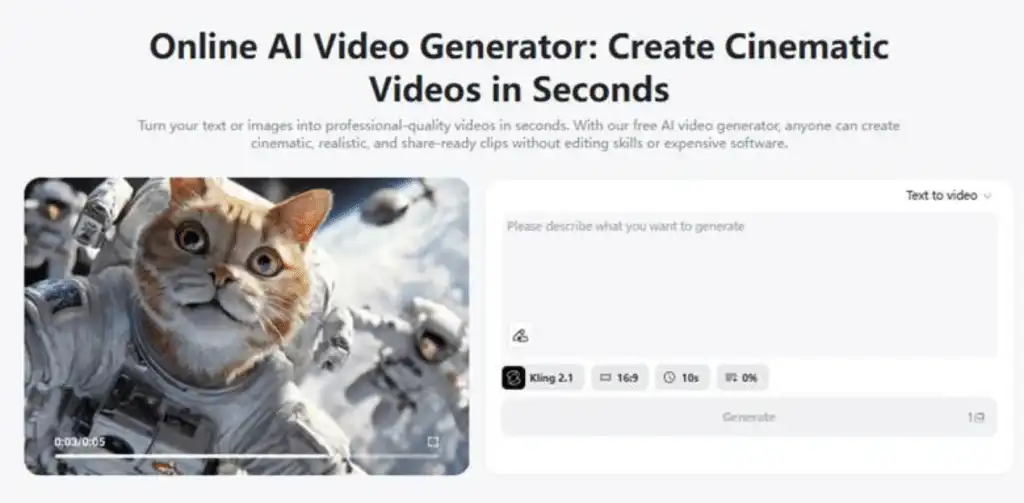 Online AI video generator interface with a cat in a space suit, showcasing the tool's ability to create cinematic videos quickly.