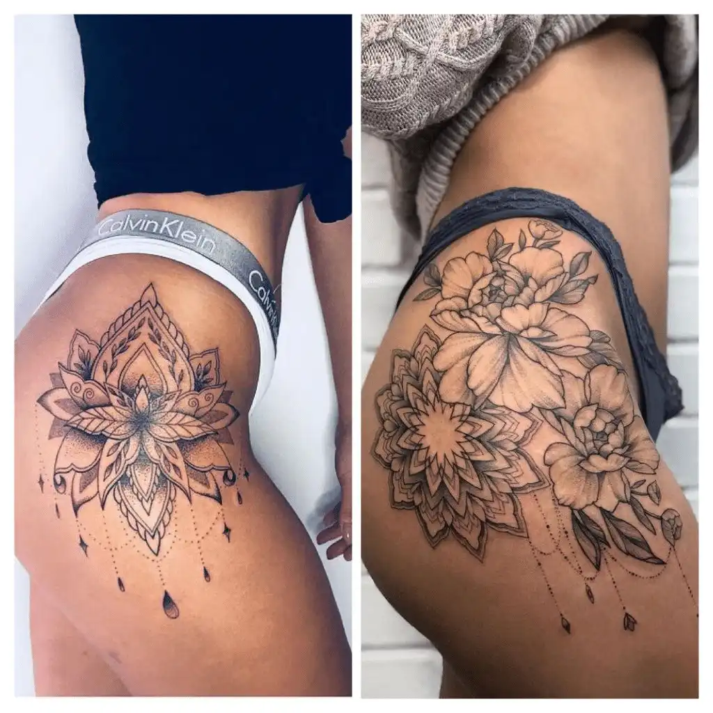 Elegant floral and mandala hip tattoos on women, showcasing intricate designs in black ink against contrasting skin tones and clothing.