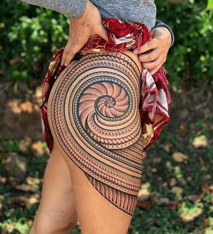 image Detailed spiral and geometric tattoo design on a person's thigh, set against a leafy outdoor background. | Sky Rye Design Detailed spiral and geometric tattoo design on a person's thigh, set against a leafy outdoor background.