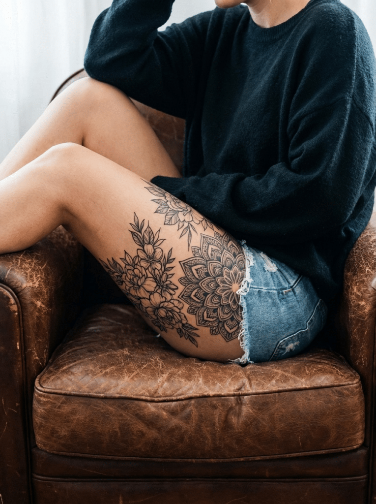 image A person wearing a black sweater and denim shorts showcases a detailed floral tattoo on their thigh while sitting on a brown leather chair. | Sky Rye Design A person wearing a black sweater and denim shorts showcases a detailed floral tattoo on their thigh while sitting on a brown leather chair.