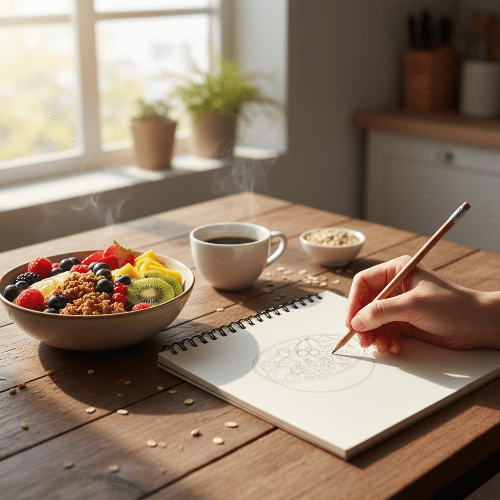 A hand sketching on paper beside a colorful fruit bowl, coffee, and oats on a sunlit table, evoking a serene breakfast moment.
