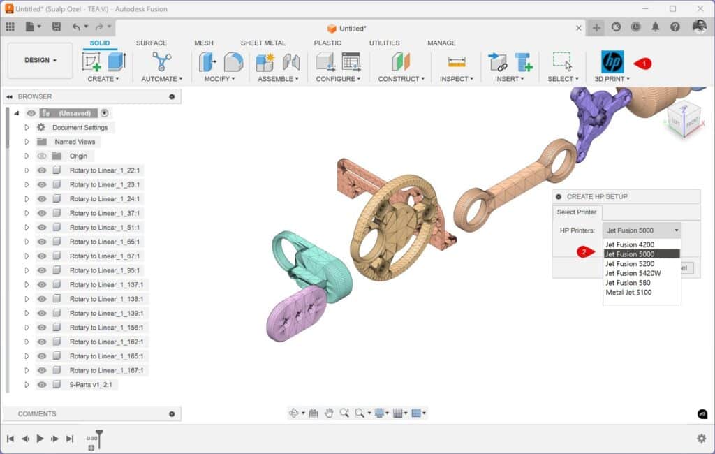 Autodesk Fusion 360 interface showing a 3D model design with a 3D print setup for HP Jet Fusion printer options.