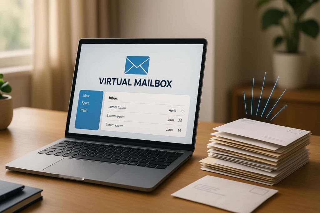 image_8e5d637de7ae0b4b976fad3eebcc6346 Laptop displaying Virtual Mailbox interface next to a stack of envelopes on a desk, representing digital mail management. | Sky Rye Design Laptop displaying Virtual Mailbox interface next to a stack of envelopes on a desk, representing digital mail management.