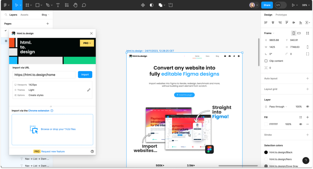 Figma plugin interface for converting websites into editable designs, showcasing import options and design conversion tools.