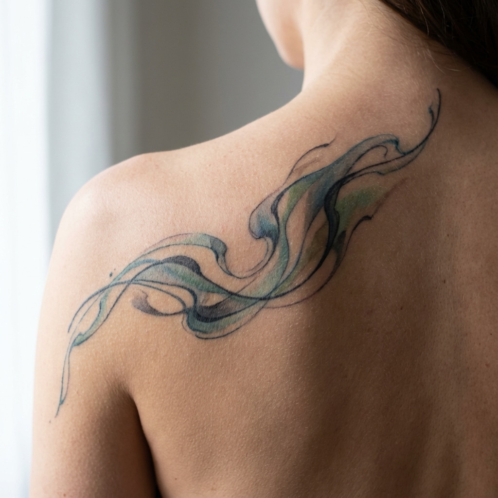 inkvision-tattoo 10 Abstract watercolor tattoo on a person's shoulder, featuring flowing blue and green swirls against a neutral skin tone. | Sky Rye Design Abstract watercolor tattoo on a person's shoulder, featuring flowing blue and green swirls against a neutral skin tone.