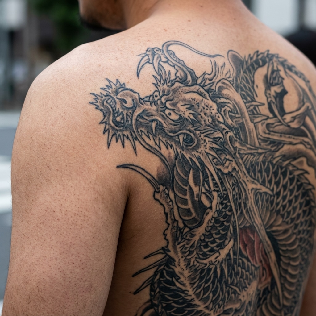 inkvision-tattoo 11 Intricate dragon tattoo on a man's back, showcasing detailed scales and fierce expression, symbolizing strength and power. | Sky Rye Design Intricate dragon tattoo on a man's back, showcasing detailed scales and fierce expression, symbolizing strength and power.
