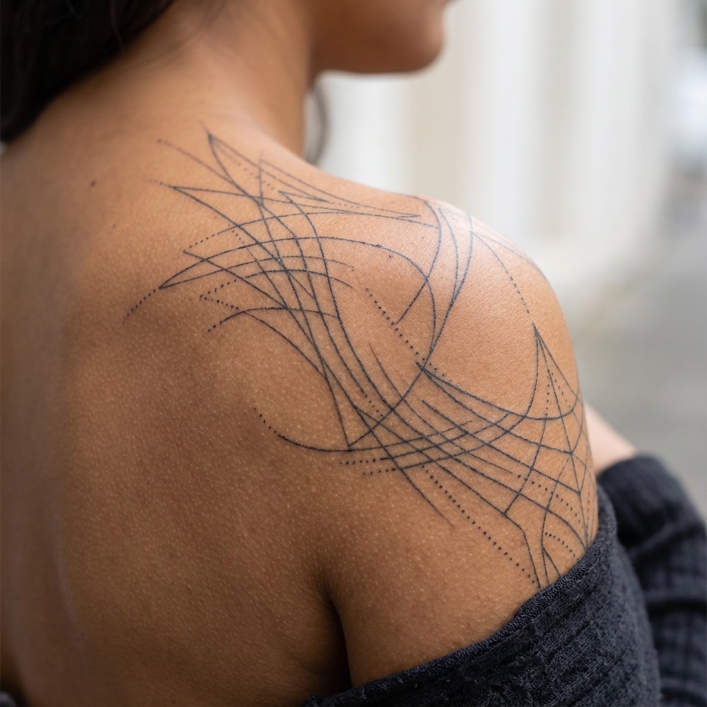 inkvision-tattoo 12 Minimalist line tattoo on a woman's shoulder, featuring geometric and dotted patterns, partially covered by a black sweater. | Sky Rye Design Minimalist line tattoo on a woman's shoulder, featuring geometric and dotted patterns, partially covered by a black sweater.