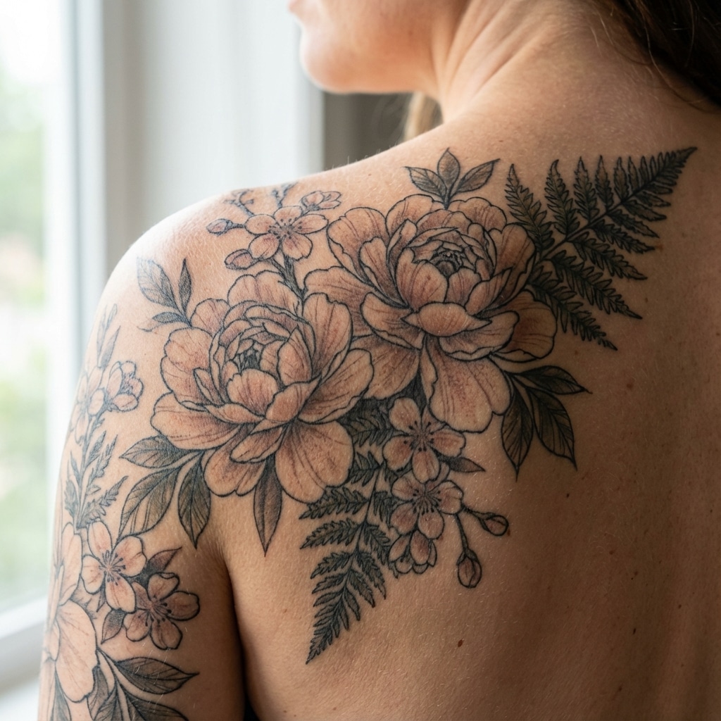 inkvision-tattoo 13 Floral tattoo with roses and ferns on a woman's shoulder, showcasing intricate design and detail against a soft natural backdrop. | Sky Rye Design Floral tattoo with roses and ferns on a woman's shoulder, showcasing intricate design and detail against a soft natural backdrop. how much does a back tattoo cost
