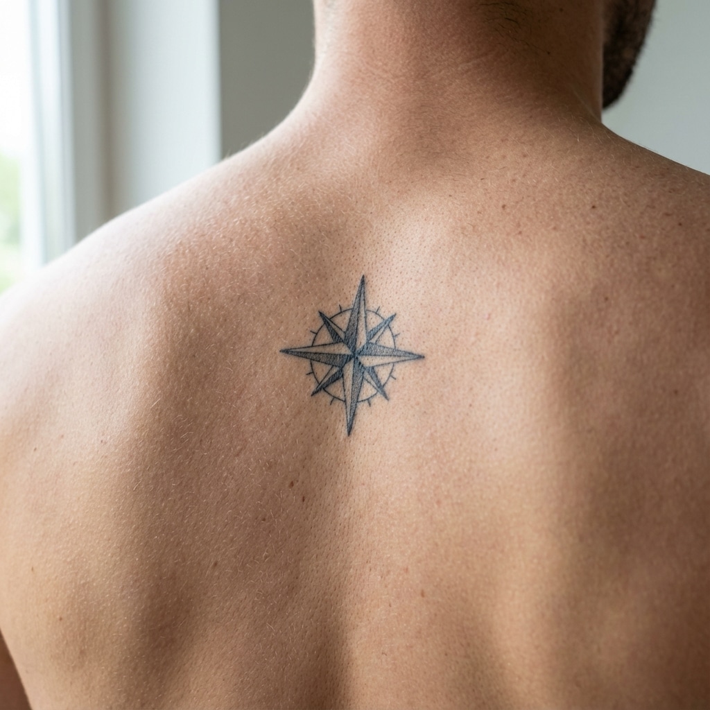 inkvision-tattoo 9 Close-up of a compass tattoo on a person's back, symbolizing navigation and exploration. | Sky Rye Design Close-up of a compass tattoo on a person's back, symbolizing navigation and exploration.