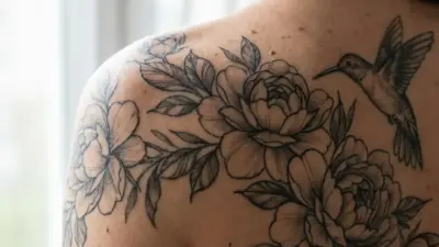 Floral tattoo with hummingbird on woman's shoulder, featuring detailed flowers and leaves, near a sunlit window.