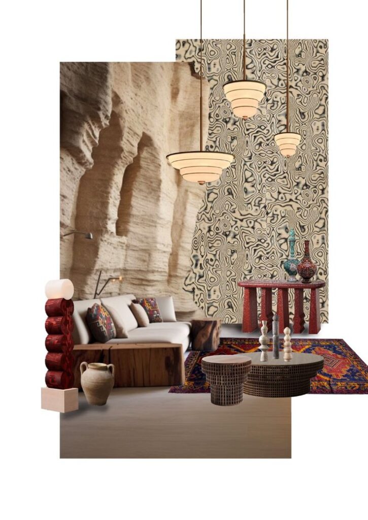 Eclectic interior with rustic stone walls, patterned rug, modern lighting, and cozy seating for a stylish, natural ambiance.