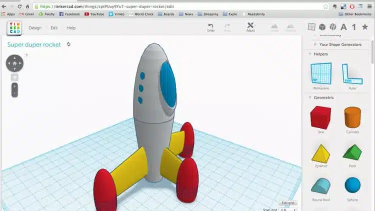 iotworlds-tinkercad 3D model of a rocket ship created in Tinkercad, featuring a blue body, yellow wings, and red fins on a grid workspace interface. | Sky Rye Design 3D model of a rocket ship created in Tinkercad, featuring a blue body, yellow wings, and red fins on a grid workspace interface.