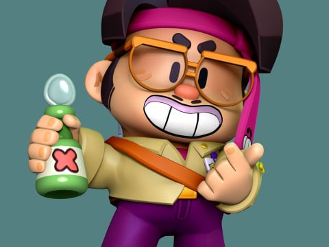 Colorful cartoon character holding a drink, wearing glasses and a pink headband, with an enthusiastic expression on a teal background.